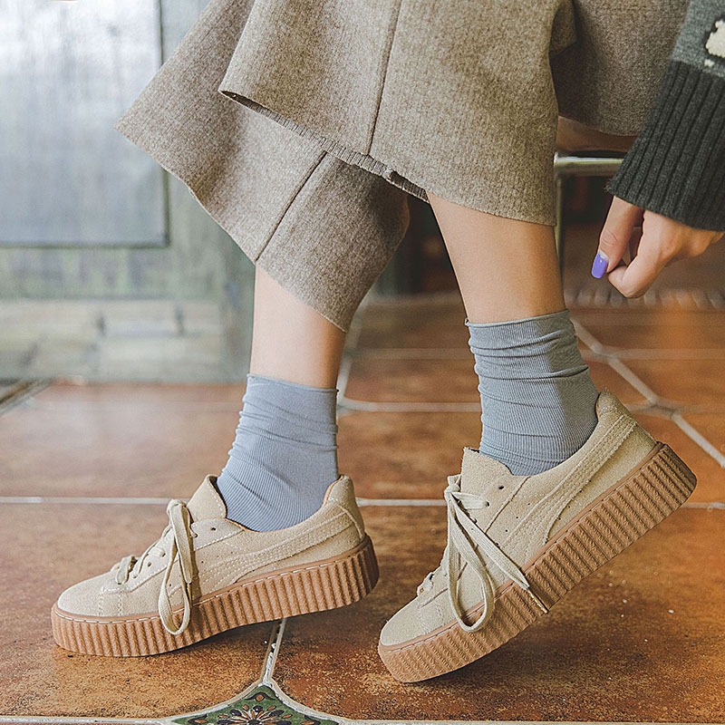 Korean Cotton Plain Loose Socks Women Candy Color Edge Curling Fashion Female Mid-Long Socks Harajuku Style Heelless Hosiery