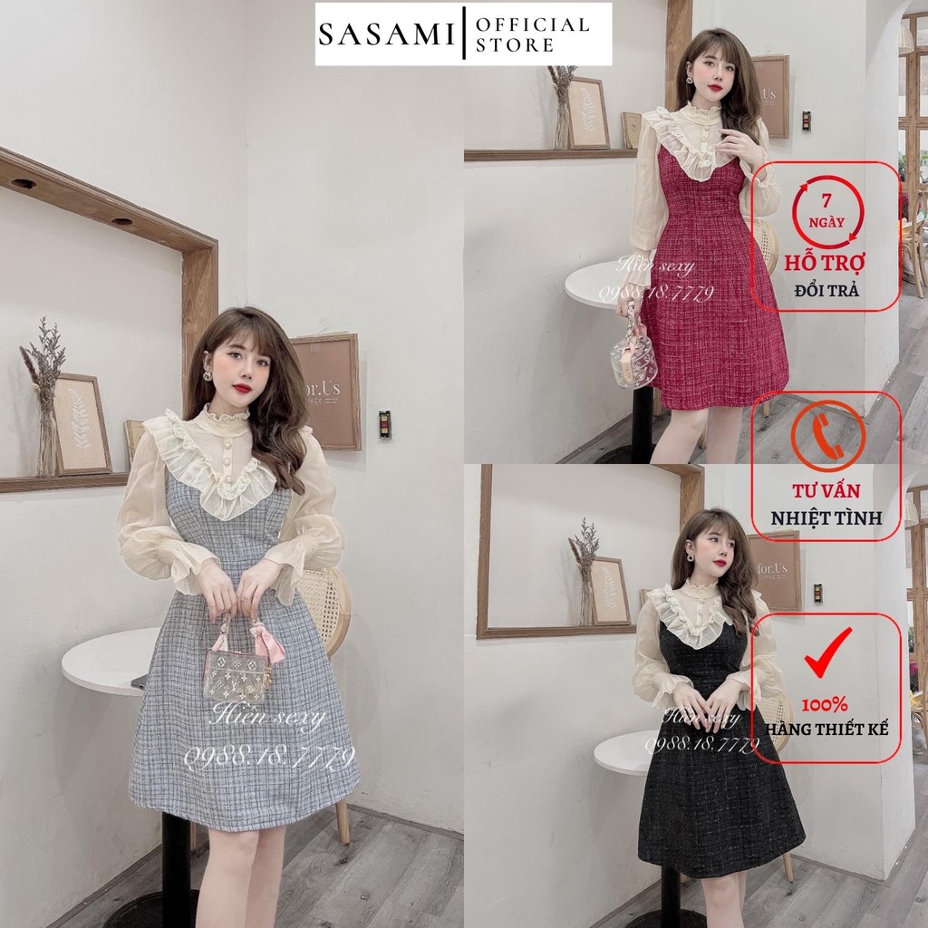 Váy đầm dạ tweed dáng xòe SASAMI hàng thiết kế sang trọng dự tiệc cổ bèo tiểu thư 3 màu dài tay H048