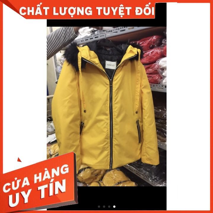 Aó Khoác Nữ Kaki Mũ Lông Hàng Quảng Châu, áo màu vàng bên trong có trần bông dày