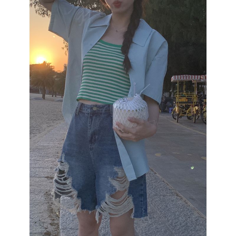 Bán Chạy!Quần Short Denim Rách Lưng Cao Dáng Rộng Phong Cách Thời Trang Retro Mỹ Hàng Mới Dành Cho Nữ