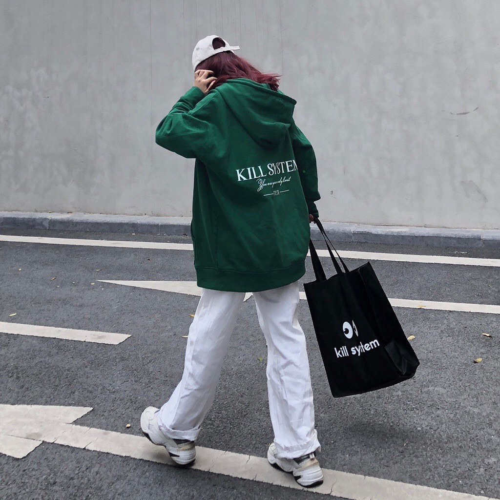 Áo Khoác Hoodie Zip KILL SYSTEM Màu Xanh Rêu Phong Cách Unisex