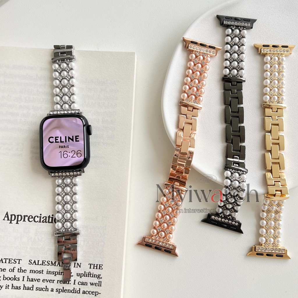 Dây Đeo Đồng Hồ Bằng Kim Loại Đính Đá Và Ngọc Trai Sang Trọng Cho Apple watch serise 7 6 5 4 SE 3 2 1 45mm 41mm 40mm 44mm 42mm 38mm