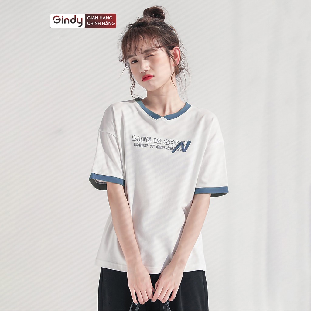 Áo thun nữ form rộng tay lỡ phông unisex cổ tròn GINDY dáng basic chất cotton co giãn, thoáng mát A010