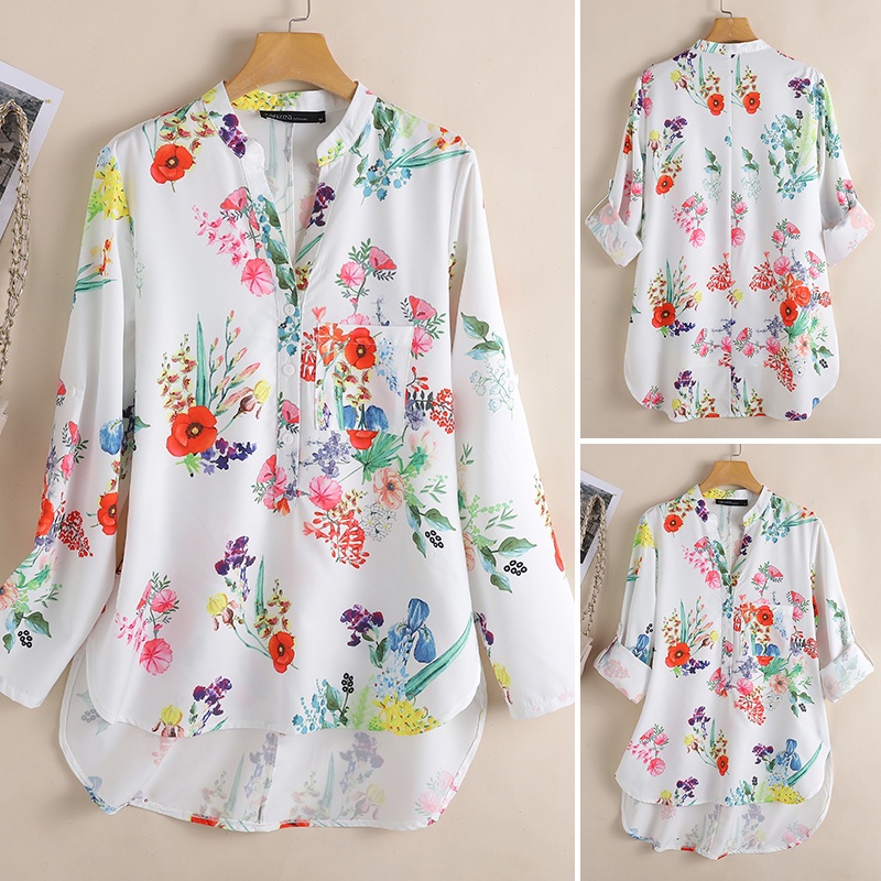 Áo sơ mi ZANZEA tay dài cổ chữ V dáng rộng in hoa vạt thấp và cao thời trang cổ điển cho nữ