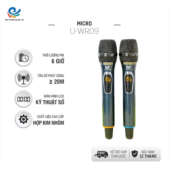 Micro Không Dây karaoke Việt Star Quốc Tế U-WR09, Tần Số 50, Hát Nhẹ Và Êm, bảo hành 12 tháng