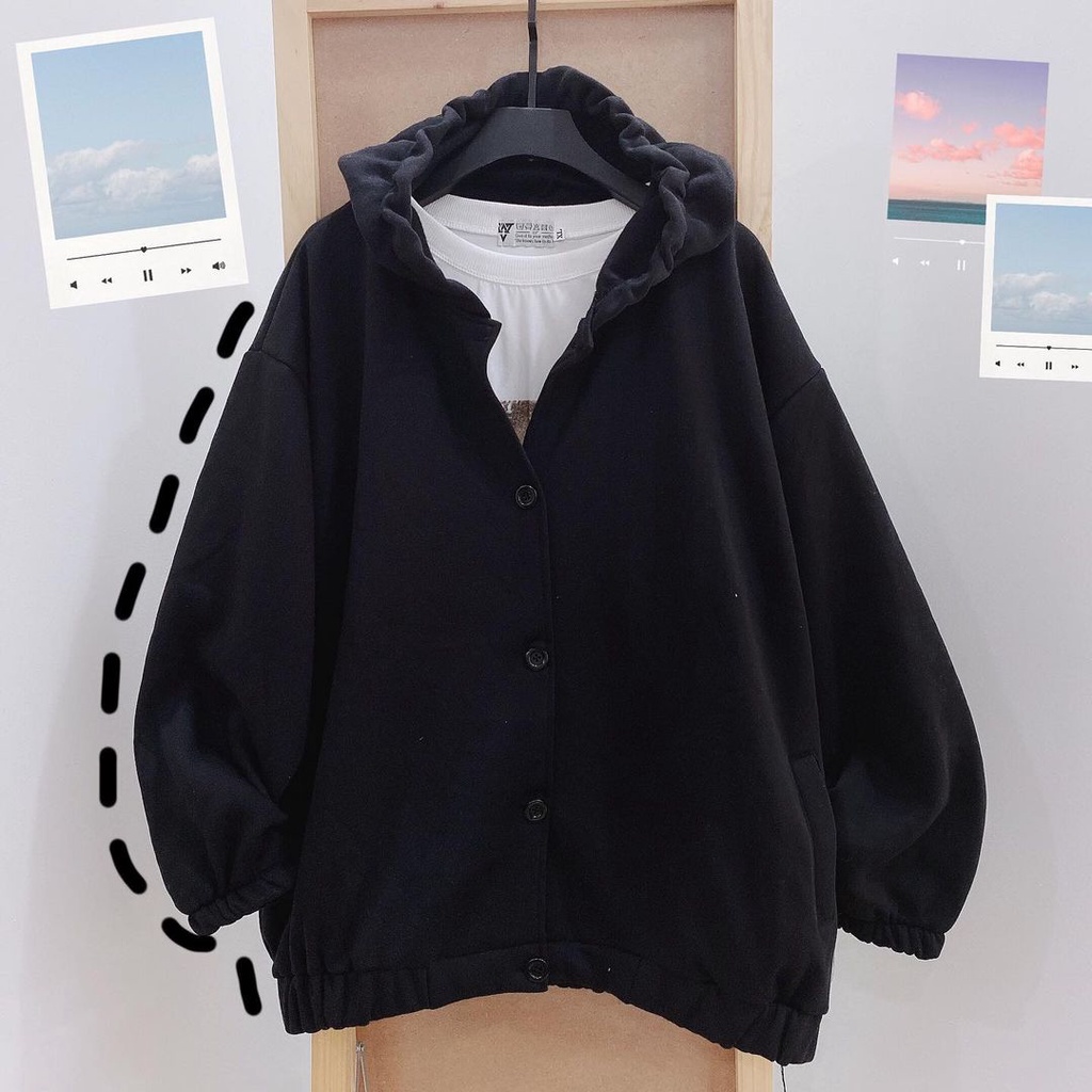 Áo Khoác Hoodie Phối Nút Trơn BASIC Vải Nỉ Bông Form Rộng Phong Cách Ulzzang