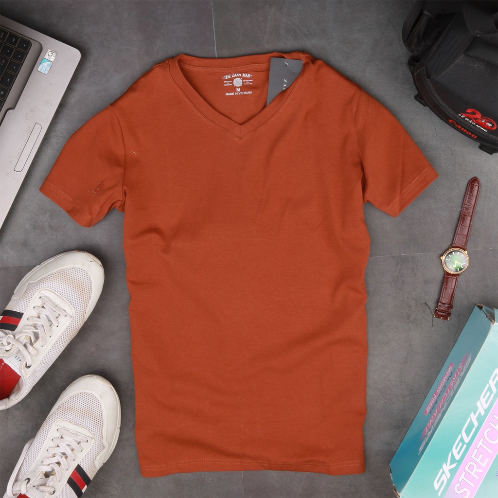 Áo phông nam cổ tim màu Cam ghi 100% cotton