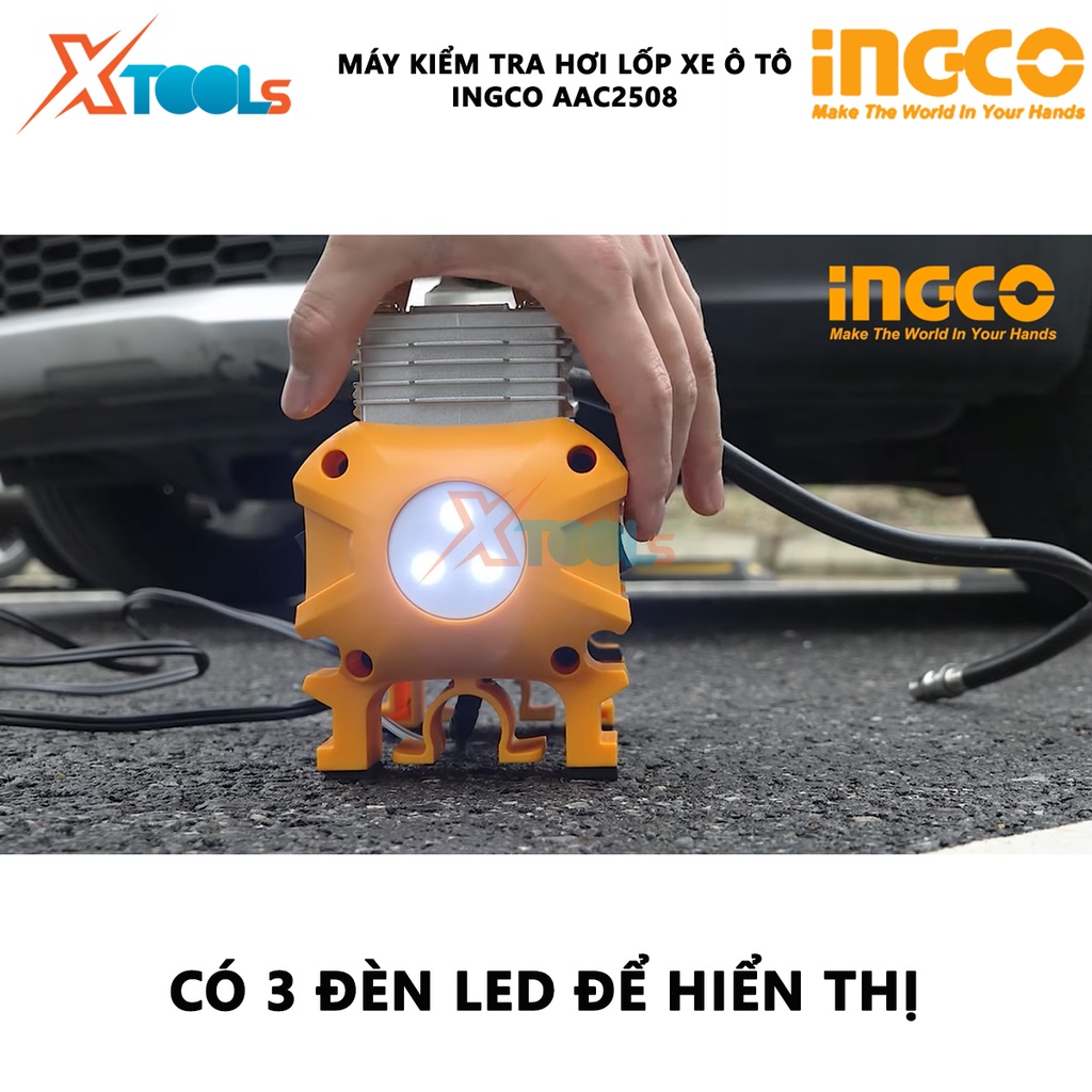 Dụng cụ kiểm tra hơi lốp xe INGCO AAC2508 | Máy bơm hơi lốp xe Dây nguồn 3M có đầu gắn xe hơi, 3 đèn LED hiển thị phun s