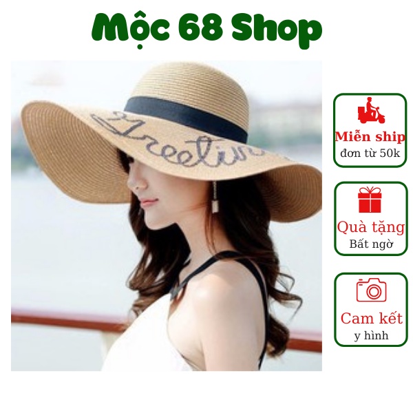 [Ảnh thật] Mũ cói rộng vành, nón cói đi biển nữ vành rộng phối nơ thêu chữ