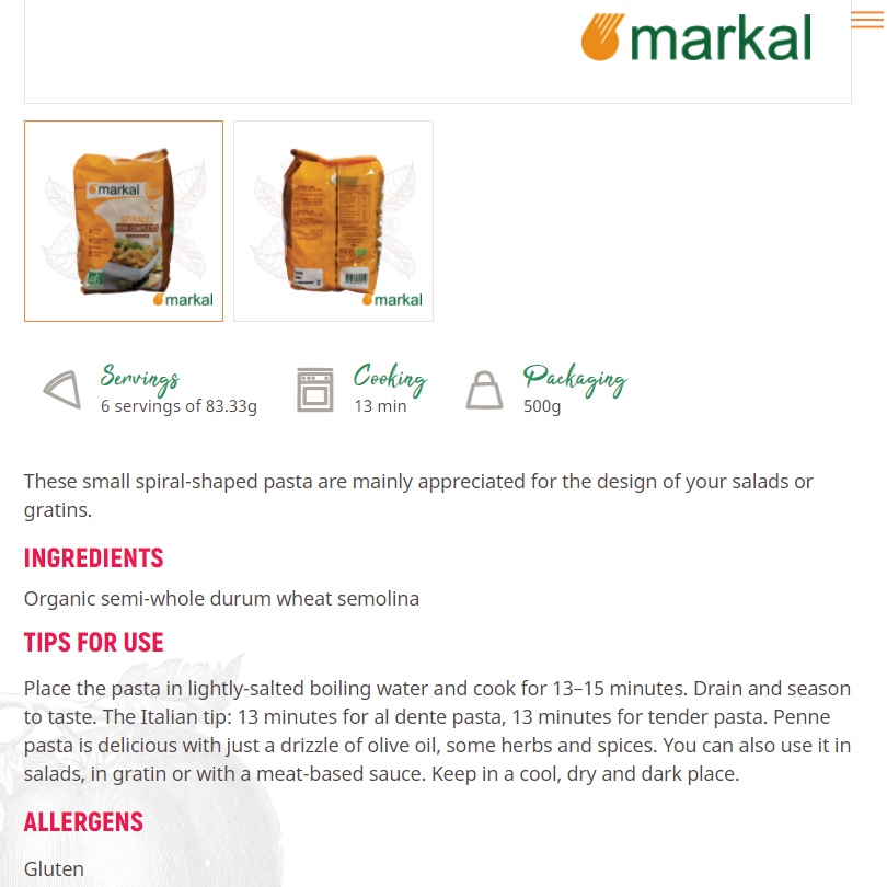 Mì xoắn hữu cơ MARKAL @Hàng-Pháp Spirales-Fusili-Pasta