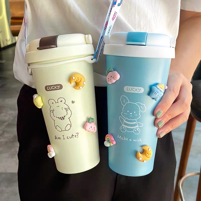 Ly giữ nhiệt 500ml, bình đựng nước giữ nhiệt cute có ống hút, dây đeo và sticker