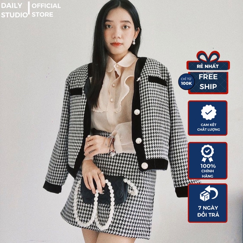 Set Áo Dạ Tweed Dáng Ngắn,Set dạ kẻ tweed viền nút kèm chân váy A cao cấp, Set Dạ Áo Khoác Mix Chân Váy Sang Chảnh