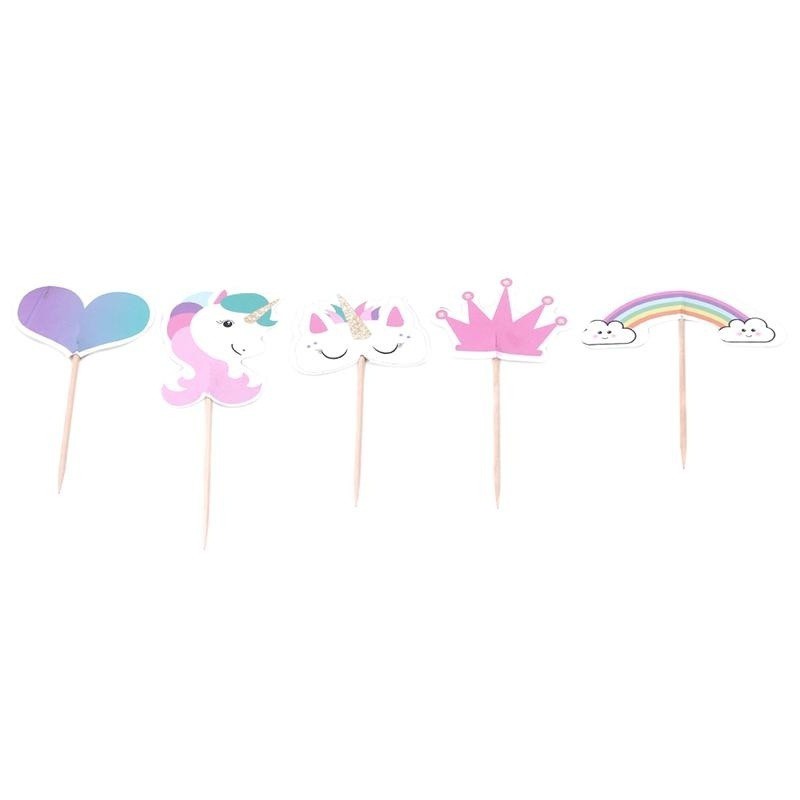 Set 24 Phụ Kiện Trang Trí Bánh Cupcake Hình Kỳ Lân Màu Cầu Vồng Dễ Thương