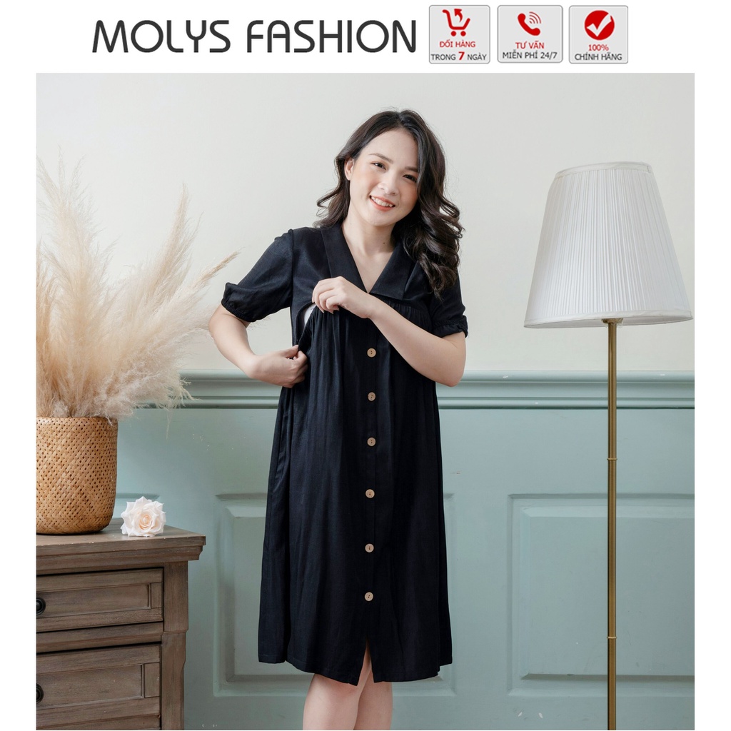 Đầm bầu công sở kết hợp cho con bú, vắt sữa Molys M218 cổ đức không chân, dáng suông đính cúc đủ size đến 80kg