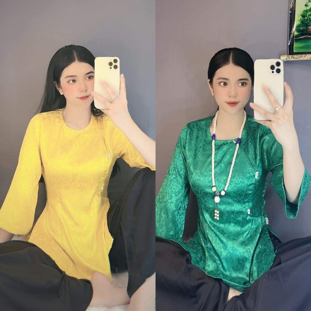 ĐỒ LAM ĐI CHÙA # ÁO BÀ BA GẤM XINH # set Phật tử lụa vân hoa kiểu cài lệch kèm quần AB23