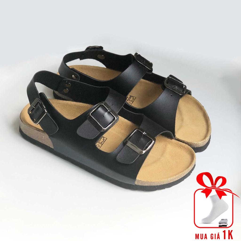 GIÀY SANDAL ĐẾ TRẤU 2 KHÓA BIRKEN DA PU ĐEN - SATA21D
