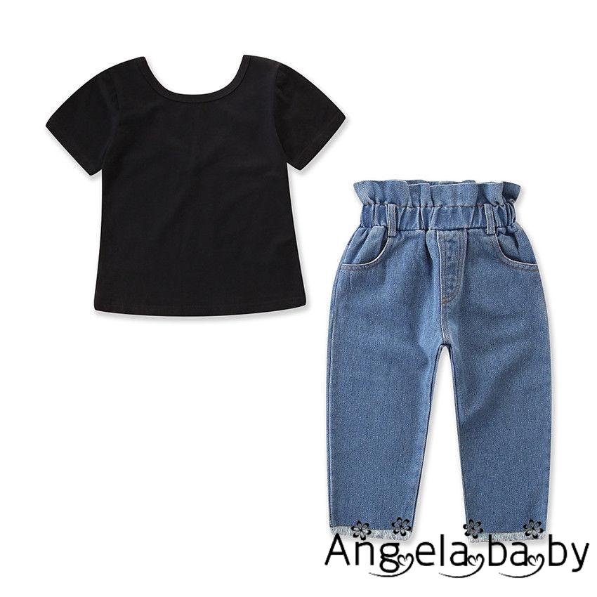 Set Áo Thun Ngắn Tay Hở Lưng + Quần Jeans Dài Đáng Yêu Cho Bé Gái