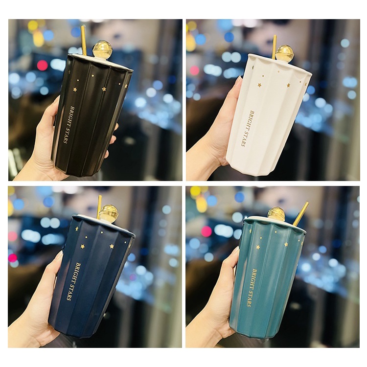 Cốc sứ có nắp in hình vũ trụ độc lạ 450ml tặng kèm ống hút