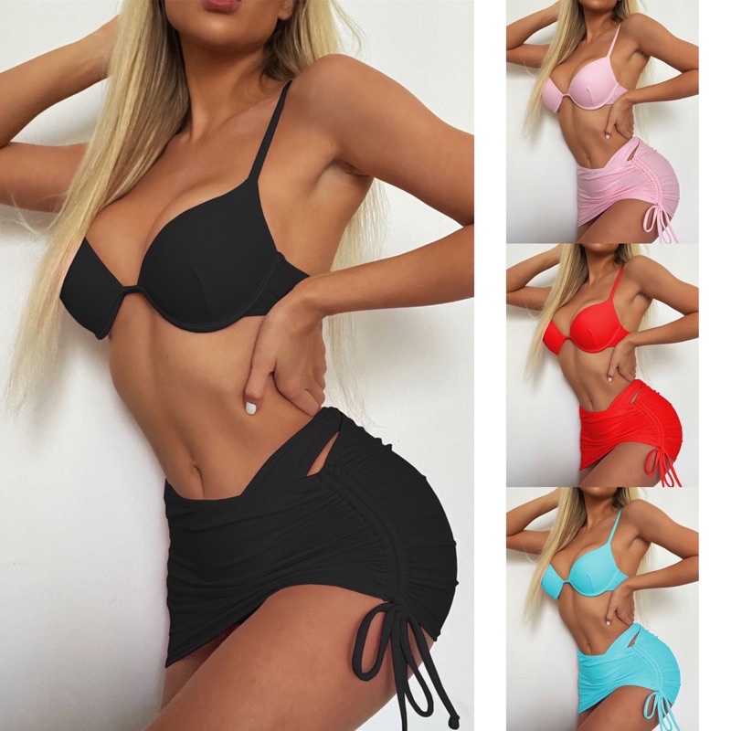 [BKN1346] &lt;ÂU&gt; SET BIKINI 3 MÓN HỒNG/ĐỎ/XANH BLUE/ĐEN KÈM CHÂN VÁY RÚT (CÓ GỌNG)