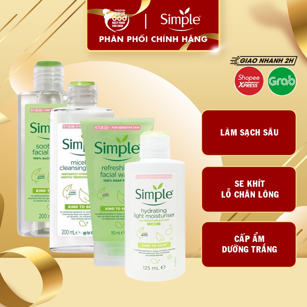 Combo Simple Tẩy Trang 200ml + Sữa Rửa Mặt 150ml + Nước Hoa Hồng 200ml Dịu Nhẹ Cho Da Khô, Nhạy Cảm Simple Kind To Skin