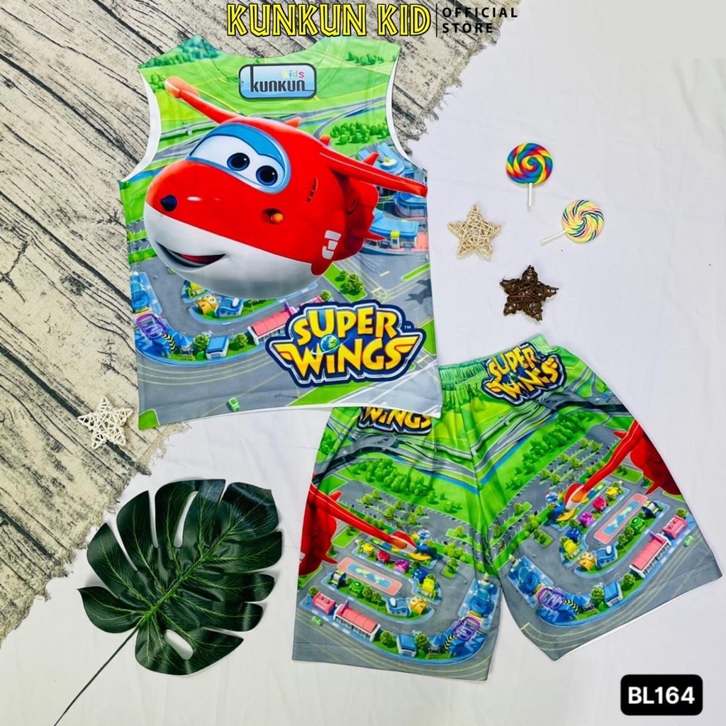 Quần áo bé trai Thun lạnh size đại từ 10kg - 40kg in 3d hình super wings Kunkun Kid BL164