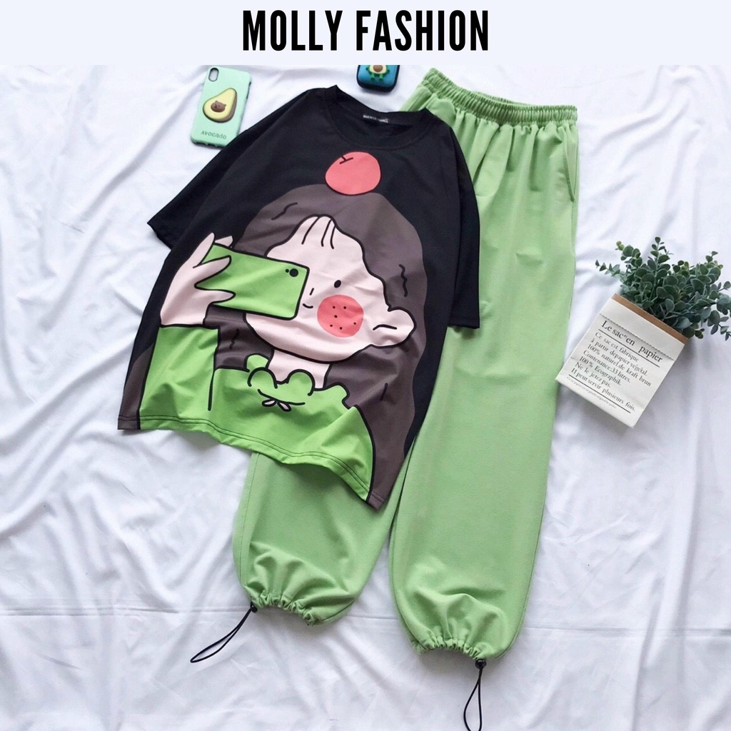 Set đồ bộ quần dài Jogger trơn Rút BÉ APPLE ❤️ Bộ hoạt hình form rộng Unisex Molly Fashion