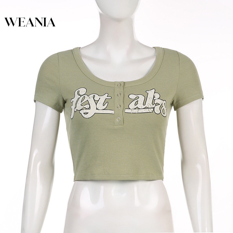 Áo Thun Ngắn Tay Cổ Chữ U In Chữ Phối Nút Phong Cách Retro Cho Nữ