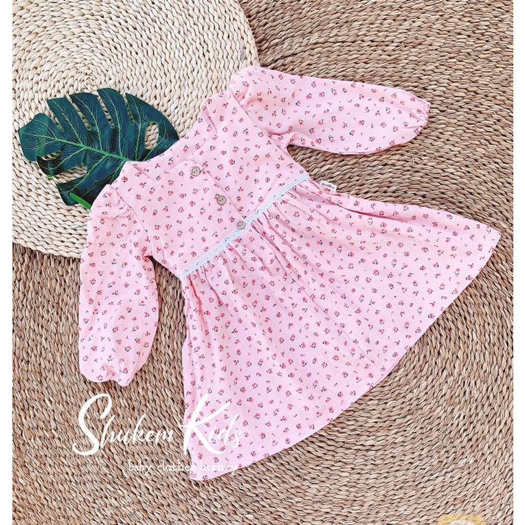 Goodmama - Váy vintage đũi hoạ tiết hoa nhí đáng yêu cho bé gái 1-6T