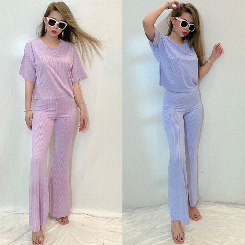 Set bộ áo cánh dơi và quần ống loe 2 màu sọc vnxk