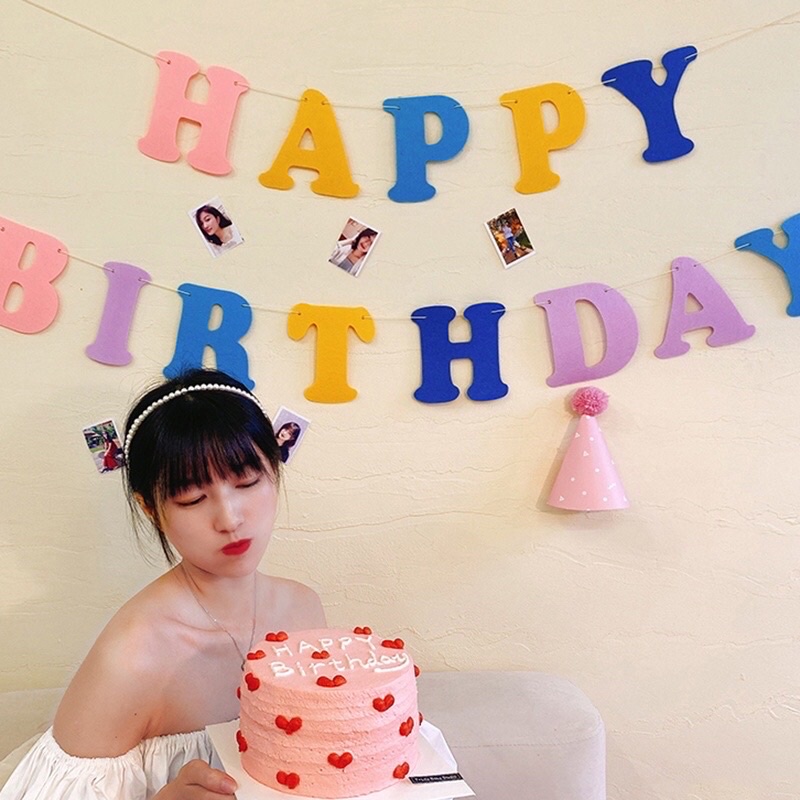 Dây chữ Happy Birthday vải nỉ nhiều màu sắc pastel trang trí sinh nhật Hàn Quốc