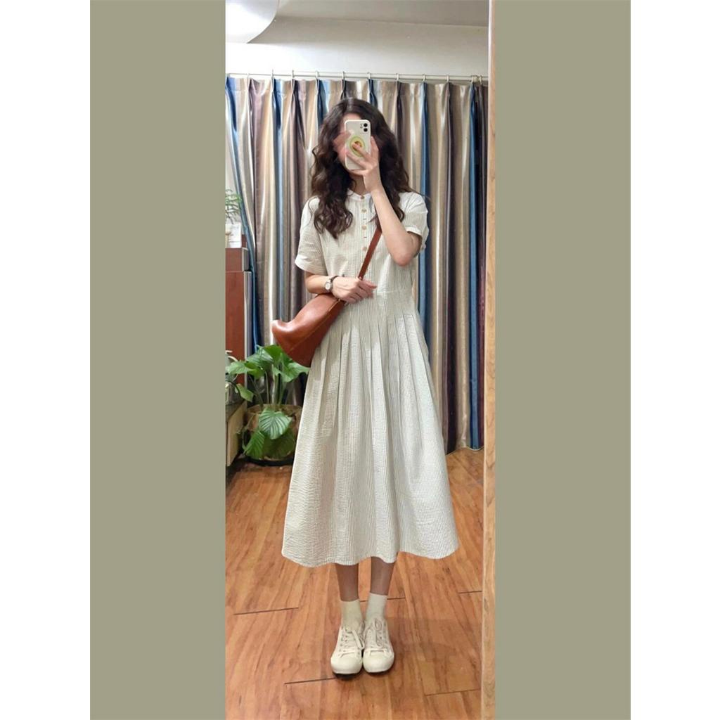 Đầm Midi Tay Ngắn Phồng Họa Tiết Kẻ Sọc Phong Cách Pháp Thời Trang Mùa Hè 66062