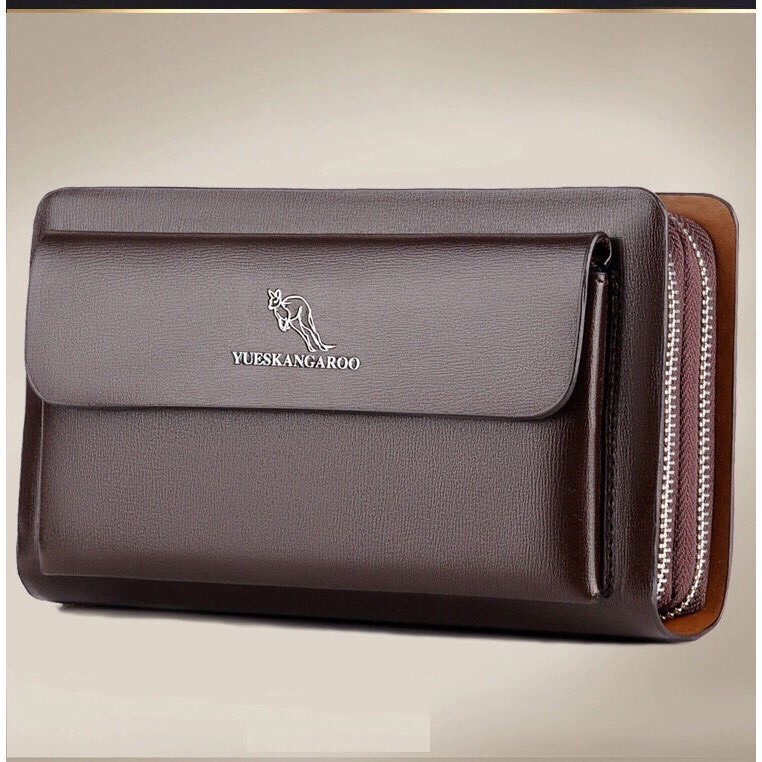 Ví bóp da cầm tay nam nữ YUEKANGAROO (Nâu-Đen) - 2 ngăn khóa | BigBuy360 - bigbuy360.vn