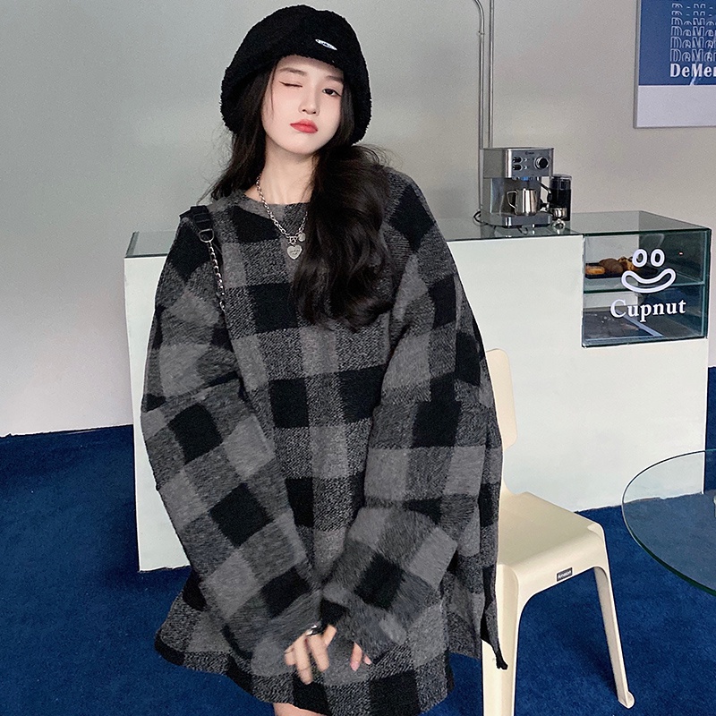 Áo sweater nữ tay dài dáng rộng kẻ sọc caro phong cách Hàn Quốc mới
