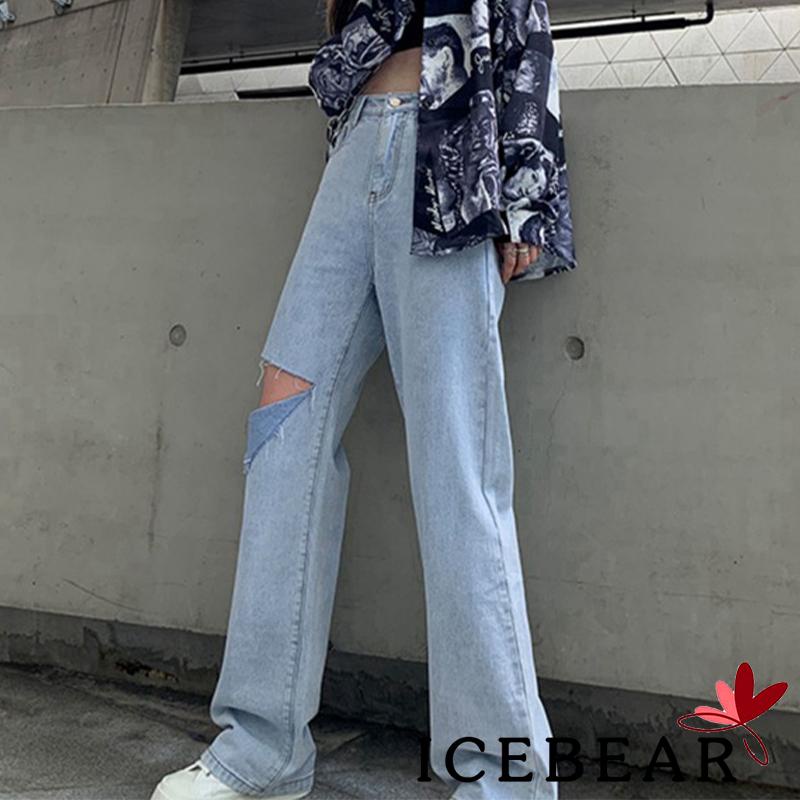 Quần Jean Dài Lưng Cao Ống Rộng Màu Trơn Phối Rách Thời Trang Cho Nữ