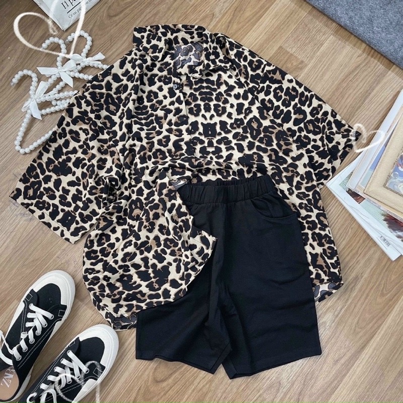 Set sơ mi beo + quần bike lưng thun