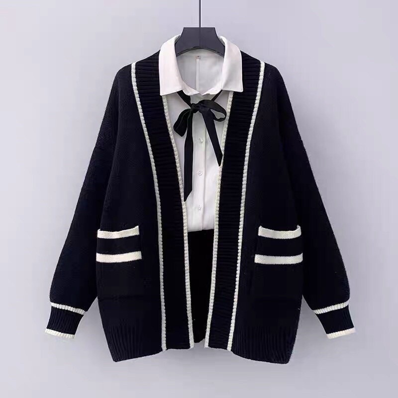 Áo len Cardigan dáng dài bigsize màu đen/ kem. Mã: AL_001