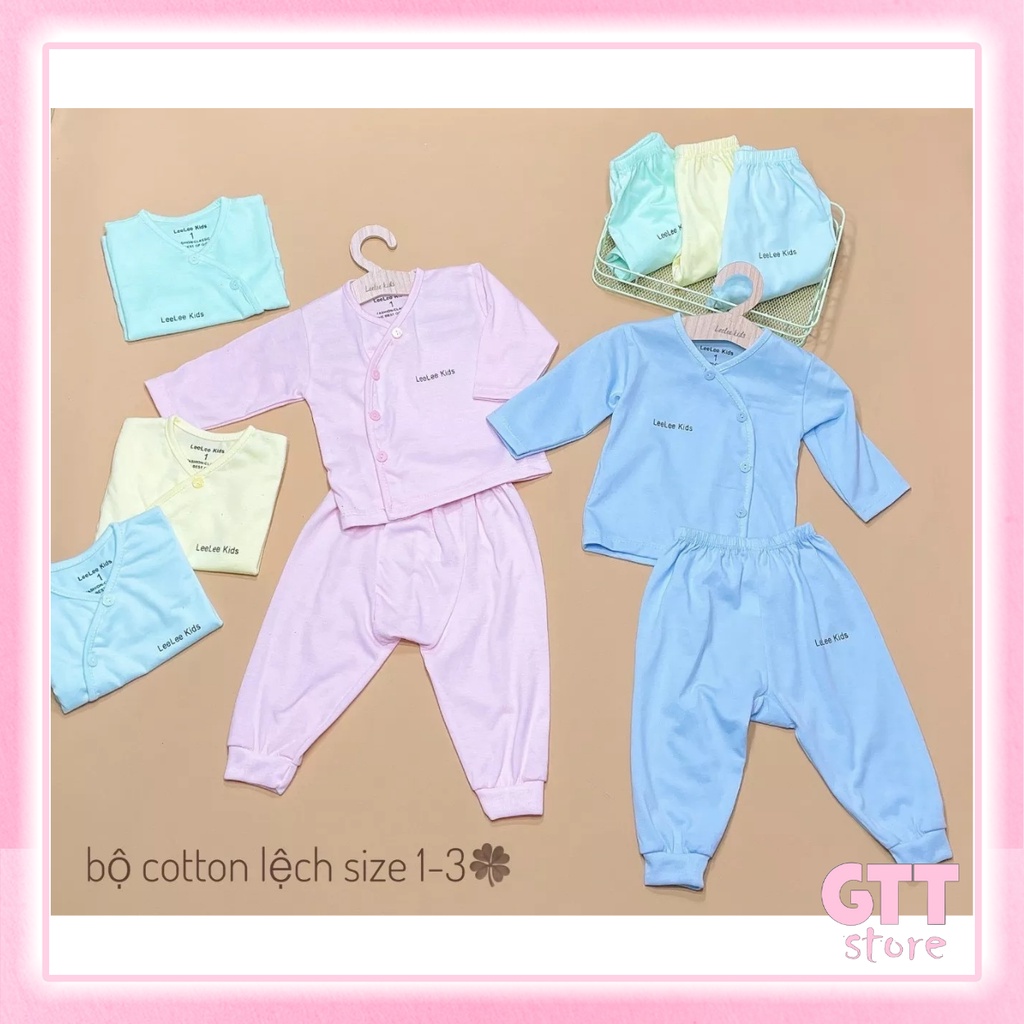 Bộ quần áo bé trai gái sơ sinh dài tay vạt chéo cotton Leekids Unchi khuy lệch cho bé 3 đến 9 kg QT005