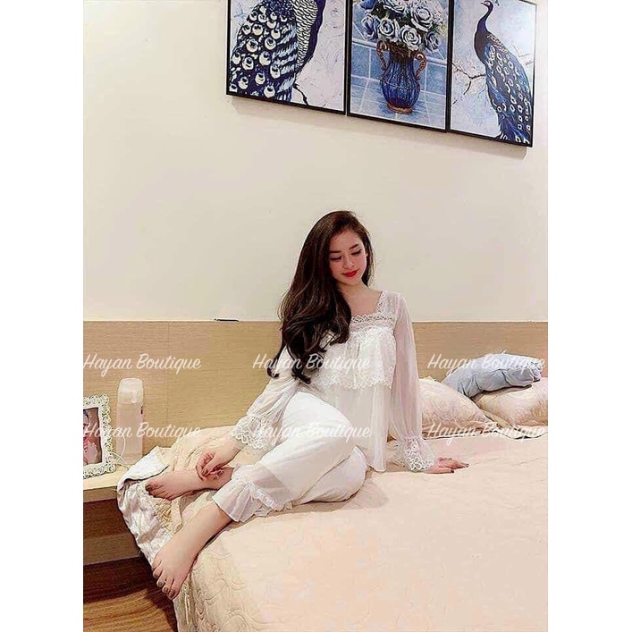 HT107 Bộ ngủ tay dài tiểu thư công chúa cổ vuông, đầm ngủ ren mềm mại HT107