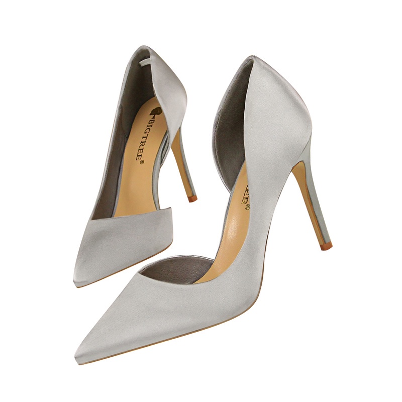 BIGTREE Chính Hãng Giày Cao Gót 9.5cm Mũi Nhọn Chất Liệu Satin Phong Cách Retro Cho Nữ Mall-830-3