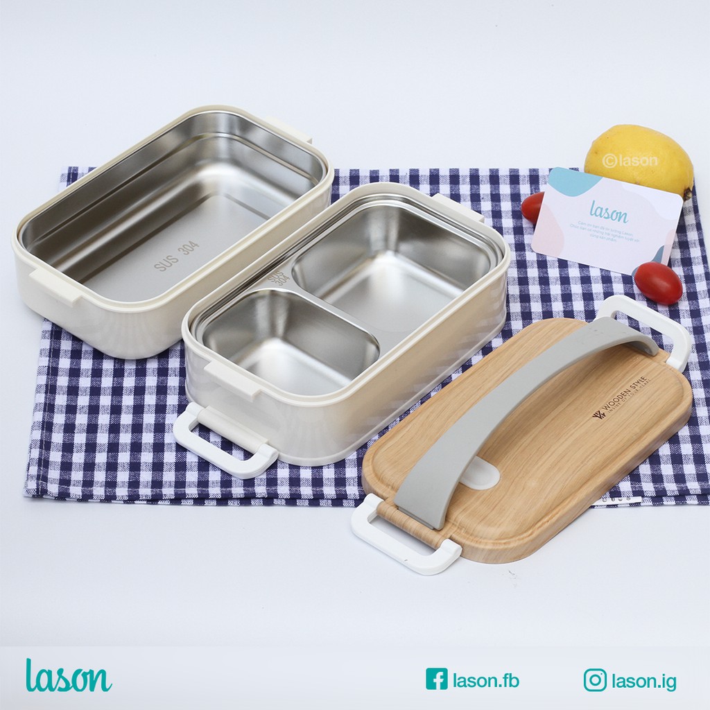 [HÀNG HOT] Hộp cơm Wooden 2 tầng - Lõi inox, tiện ích, mang cơm trưa tiện lợi, quai xách chắc chắn, an toàn