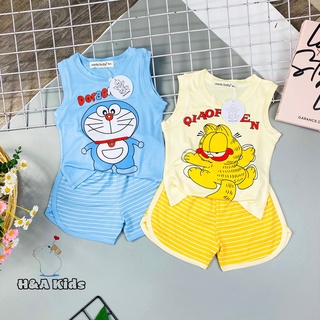 Bộ ba lỗ in hình thun lạnh quần sọc dệt size đại cho bé trai bé gái từ 20-32kg