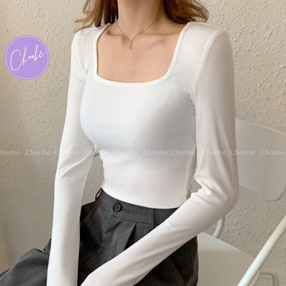 Áo croptop tay dài Choobe cổ vuông vải thun ôm body crotop nữ cotton co giãn tốt A35 | BigBuy360 - bigbuy360.vn