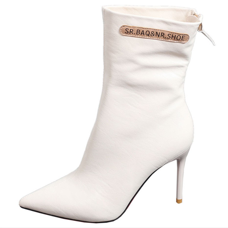 Giày bốt cao gót mũi nhọn phối khóa kéo sau cổ cao trung bình | BigBuy360 - bigbuy360.vn