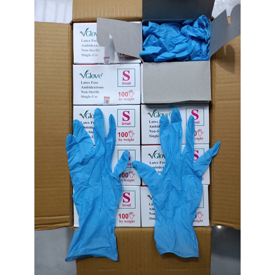 Găng tay y tế  khám bệnh Nitrile Vglove màu xanh , hộp 100 cái , size S L XL