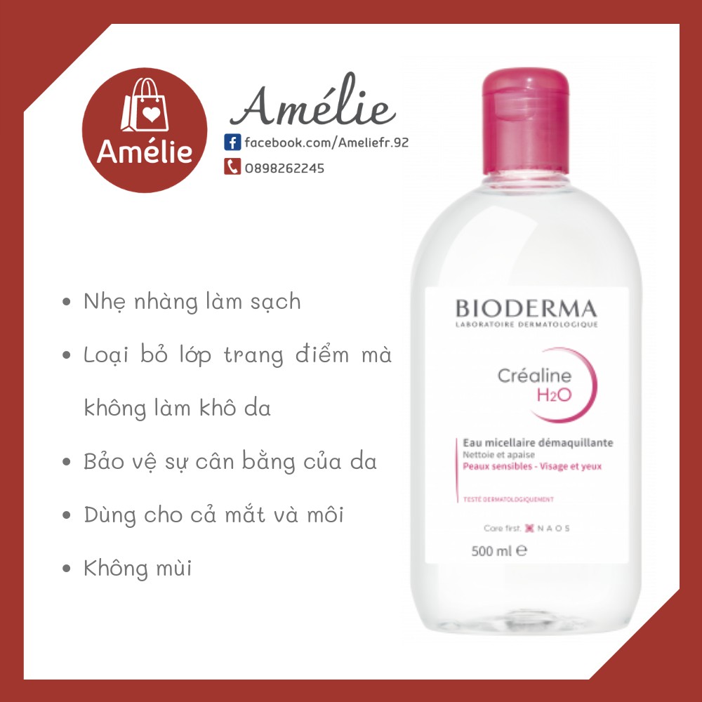 Nước tẩy trang Bioderma Micellar Water Crealine H20 bản màu hồng dành cho da nhạy cảm