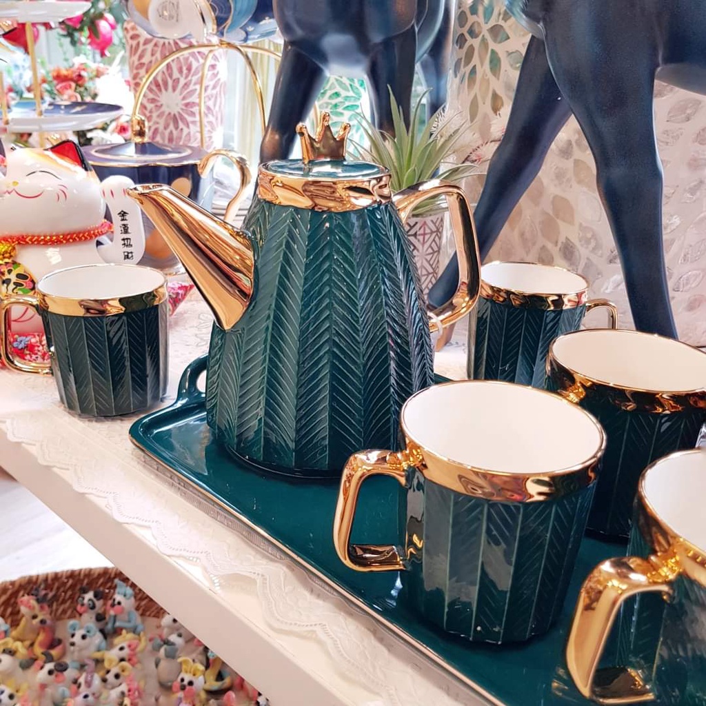 Bộ ấm chén kèm khay sứ pha trà cà phê cao cấp sang trọng