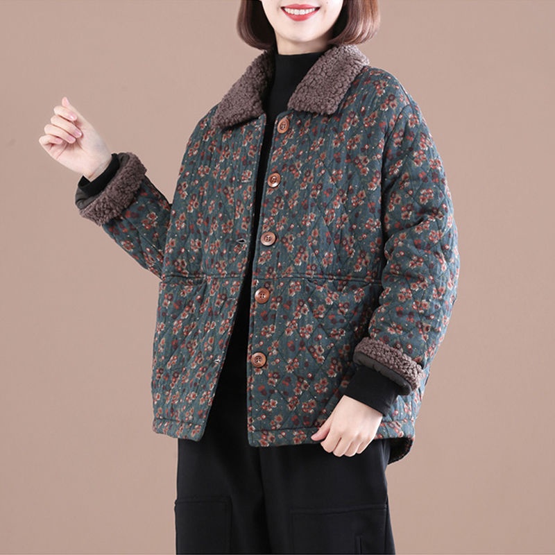 ✻◕Áo khoác đệm bông retro hoa của phụ nữ mùa thu và đông 2021 mới lỏng lẻo giản dị mẹ siêu kiểu phương tây khâu ve chần