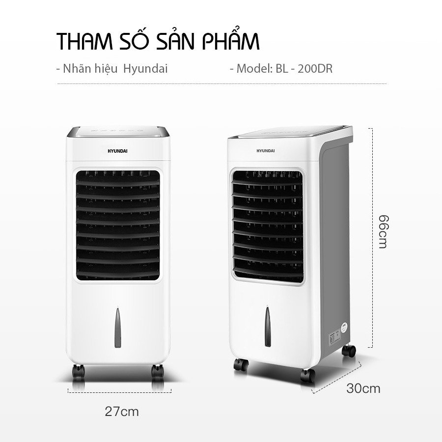 Quạt điều hòa hơi nước điều khiển từ xa HYUNDAI- BL205DLR, công suất 80W, hàng chính hãng - TẶNG 2 CHAI ĐÁ KHÔ