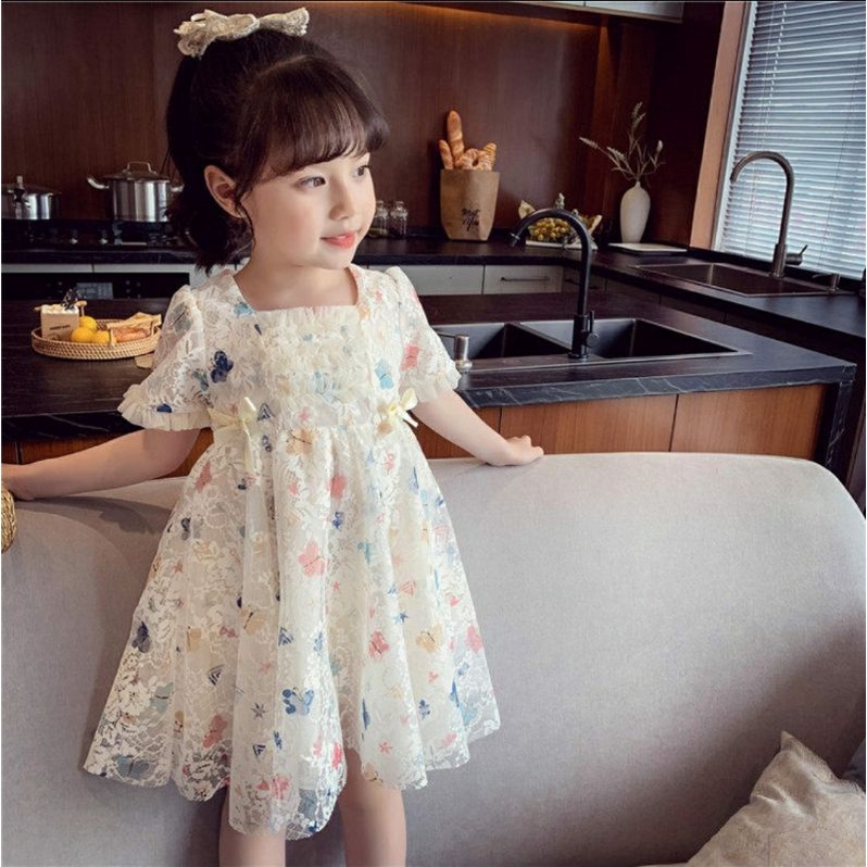 Đầm Công Chúa Ren Trắng in hình  , Váy Bé Gái Ngắn Tay Đính Nơ Hàng Cao Cấp, ảnh thật trải sàn