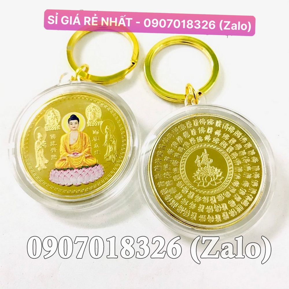 Đồng Xu Đức Phật Tổ Như Lai Và Các Vị Bồ Tát In Màu Thuỷ May Mắn, tặng túi gấm đỏ